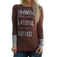 T-Shirt,Laimeng Women Cotton Blend O-Neck Long Sleeve Letter Printed Striped Splicing O-Neck T-Shirt (S, Brown) N3