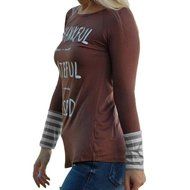 T-Shirt,Laimeng Women Cotton Blend O-Neck Long Sleeve Letter Printed Striped Splicing O-Neck T-Shirt (S, Brown) N4