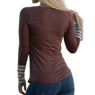 T-Shirt,Laimeng Women Cotton Blend O-Neck Long Sleeve Letter Printed Striped Splicing O-Neck T-Shirt (S, Brown) N5