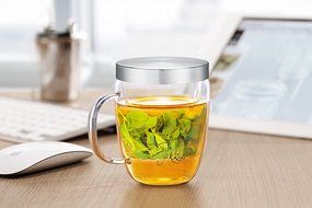 Glass Teacup with Glass Infuser. Stainless Steel Lid and Handle. Loose Leaf Tea Maker Tea Cup N5
