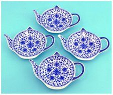 4-Pack of Blue & White Teapot-Shaped Porcelain Ceramic Tea Bag Coasters; Set of Handcrafted Tea Bag Caddies, Spoon... N10