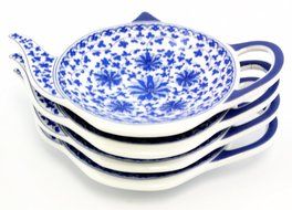 4-Pack of Blue & White Teapot-Shaped Porcelain Ceramic Tea Bag Coasters; Set of Handcrafted Tea Bag Caddies, Spoon... N11
