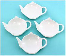 4-Pack of Blue & White Teapot-Shaped Porcelain Ceramic Tea Bag Coasters; Set of Handcrafted Tea Bag Caddies, Spoon... N12