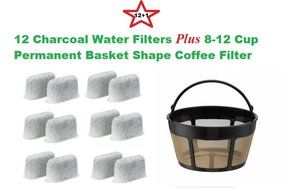 8-12 Cup Basket Shape Permanent Coffee Filter & a set of 12 Charcoal Water Filters for Cuisinart DCC-RWF1 Coffeemakers