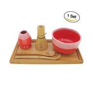BambooMN Brand - Matcha Bowl Set (Includes Bowl, Rest,Tea Whisk, Chasaku, Tea Spoon & Tray) 1 Set Soft Light Green N8