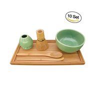 BambooMN Brand - Matcha Bowl Set (Includes Bowl, Rest,Tea Whisk, Chasaku, Tea Spoon & Tray) 1 Set Soft Light Green N12