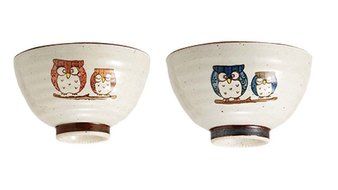 Saikai Pottery Pair Owl Japanese Bowl for rice M size 38847 and L size 38846 Two bowls set!! from Japan
