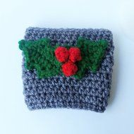 Coffee Sleeve Coffee Cup Cozy Grey with Holly Applique N2