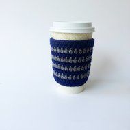 Cafe Latte Cozy, Crochet Coffee Sleeve, Striped Coffee Cup Sleeve, Navy and Grey Cup Cozy N2