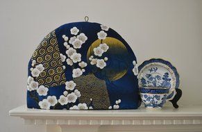 Artisanal Cotton Insulated Japanese Nocturnal Scene Cotton Tea Cozy - Metallic Gold Full Moon and Cherry Blossoms... N3
