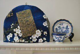Artisanal Cotton Insulated Japanese Nocturnal Scene Cotton Tea Cozy - Metallic Gold Full Moon and Cherry Blossoms... N4