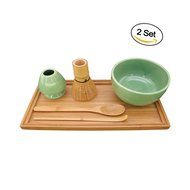 BambooMN Brand - Matcha Bowl Set (Includes Bowl, Rest,Tea Whisk, Chasaku, Tea Spoon & Tray) 1 Set Soft Light Green N16