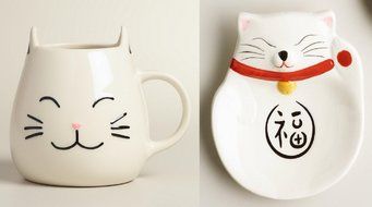 Cat Coffee Mug and Happy Cat Tea Bag Rest Holder - Large 17 Oz (Black) N6