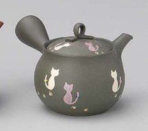 Yamakikai Black Kyusu(Japanese teapot)with Pink & Yellow Cats 230cc M749 from Japan N3
