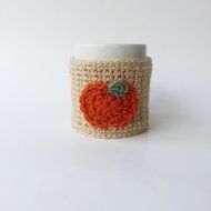 Handmade Coffee Mug Cozy Tan with Pumpkin Applique