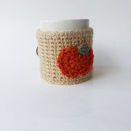 Handmade Coffee Mug Cozy Tan with Pumpkin Applique N2