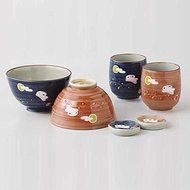 Saikai pottery Moon and rabbit Bowls,Tea cup,Chopsticks rest "Red and Blue"from Japan 10508