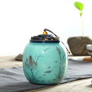 XDOBO Longquan Celadon Hand-painted Ceramic Tea Tin Seal Pot Tea Storage Container Sealed Can Tea Accessories... N2