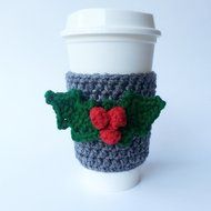 Coffee Sleeve Coffee Cup Cozy Grey with Holly Applique N3