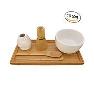 BambooMN Brand - Matcha Bowl Set (Includes Bowl, Rest,Tea Whisk, Chasaku, Tea Spoon & Tray) 1 Set Soft Light Green N21