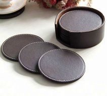 XICHEN® Leather Coasters - Upscale With Coaster Holder Sleek -6 Piece Set With Holder (Chocolate Brown) N10