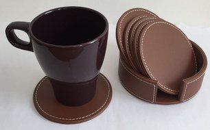 XICHEN® Leather Coasters - Upscale With Coaster Holder Sleek -6 Piece Set With Holder (Chocolate Brown) N14