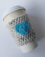 Crochet Coffee Sleeve Oatmeal with Turquoise Heart N2