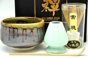 Japanese Mino Yaki ware Matcha Bowl And Tea Ceremony Set Green Tea 11 / 11 / 8cm (4.3 / 4.3 / 3.1inch)[7391] N4