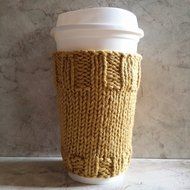 2 in 1 Coffee Cup Cozy Sleeve Hand Knit Cotton Mustard Mug Cozy fits a "Short" or "Grande" Coffee N3