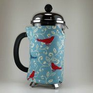 French Press Cozy Cover, 8 cup, Insulated Coffee Cozy, Blue, Red, White Bird Theme N3