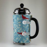 French Press Cozy Cover, 8 cup, Insulated Coffee Cozy, Blue, Red, White Bird Theme N4