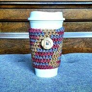 Crochet Coffee Cup Sleeve Red Grey Gold N2