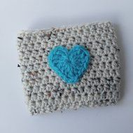 Crochet Coffee Sleeve Oatmeal with Turquoise Heart N3