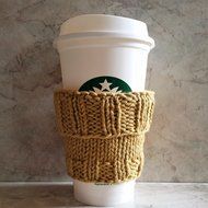 2 in 1 Coffee Cup Cozy Sleeve Hand Knit Cotton Mustard Mug Cozy fits a "Short" or "Grande" Coffee N4