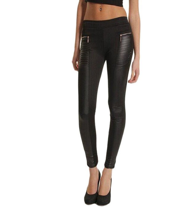 PHOTNO Women Leather Look Panel Leggings Jeggings Zip Stretch Trousers Black N7