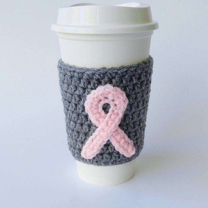 Crochet Coffee Sleeve Grey with Pink Ribbon Breast Cancer Awareness