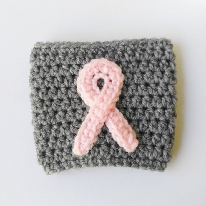 Crochet Coffee Sleeve Grey with Pink Ribbon Breast Cancer Awareness N3