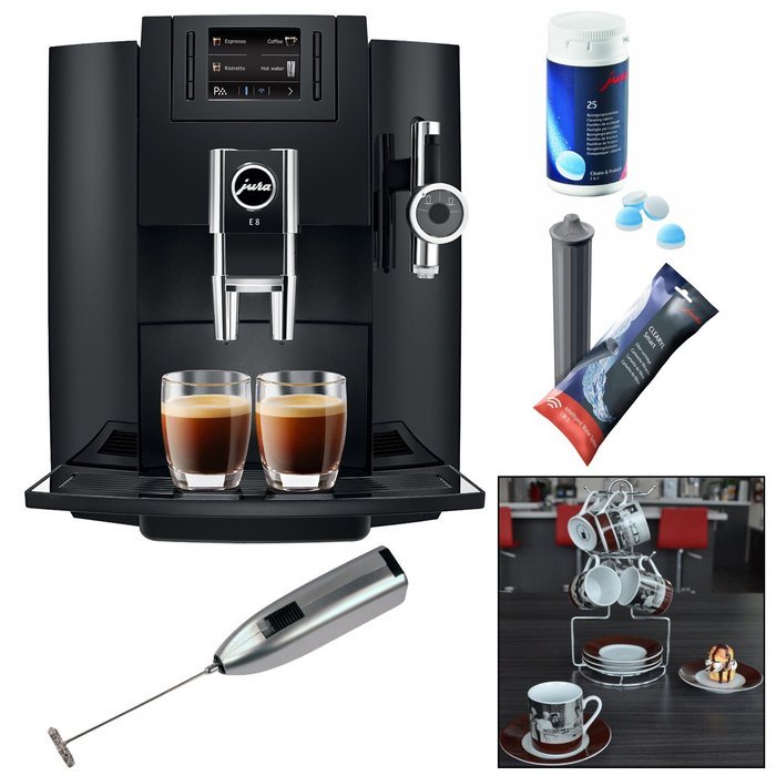 Jura E8 Espresso Machine + Cleaning Tablets + Filter Cartridge + Knox Milk Frother