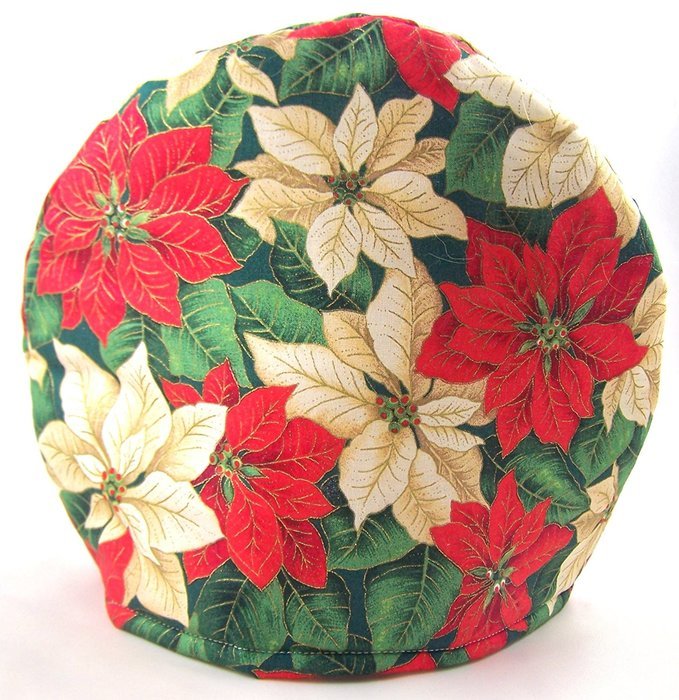 Handmade Red and White Christmas Poinsettia Print Fabric Tea Cozy Lined and Padded Cosy N2