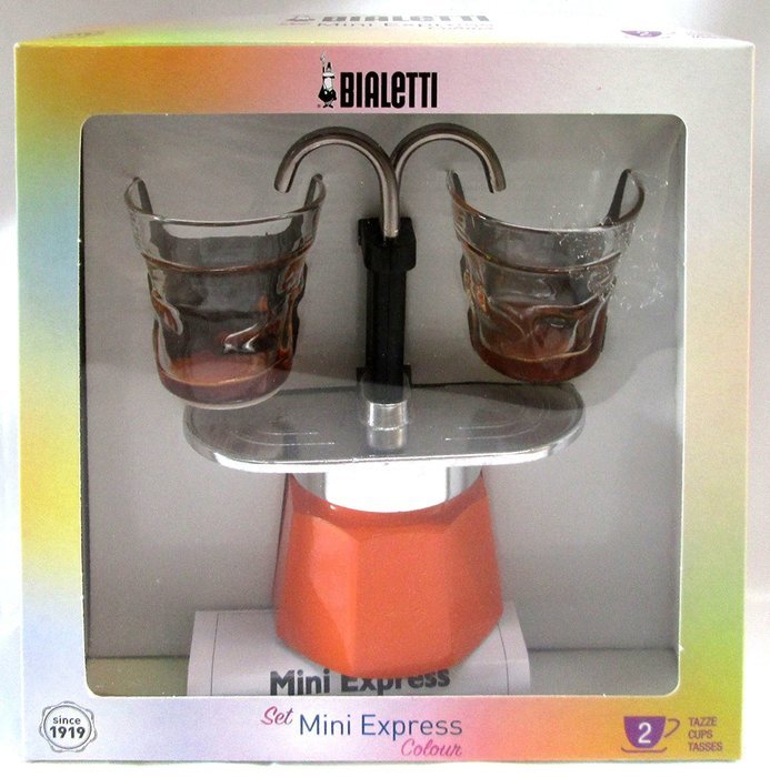Bialetti: Set Mini Express Colour 2-Cups ORANGE + 2 Bialetti Transparent Coffee Glasses with Orange Bottom [ Italian...