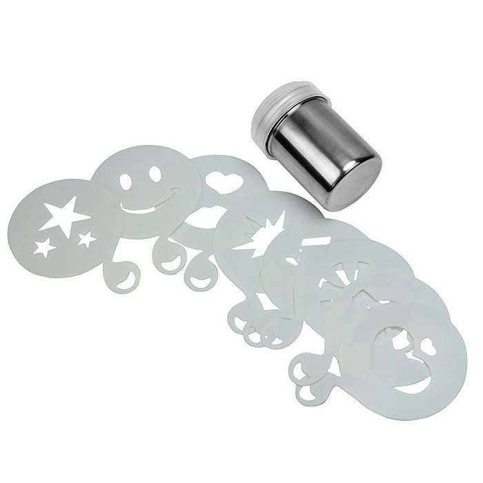 ReFaxi&reg; Durable Stainless Steel Chocolate Dredge Shaker Cocoa Flour Coffee Sifter + 8x Cappuccino Coffee Stencils... N2