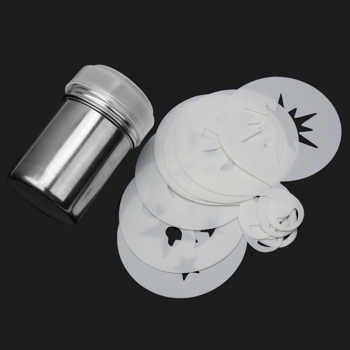 ReFaxi&reg; Durable Stainless Steel Chocolate Dredge Shaker Cocoa Flour Coffee Sifter + 8x Cappuccino Coffee Stencils... N3