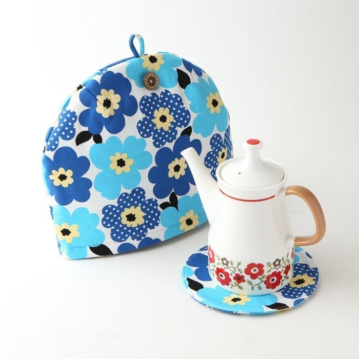Northern European Style Blue Flowered Cotton Cloth Tea Cozy with Teapot Coaster Handmade by Japanese Craftsman... N3