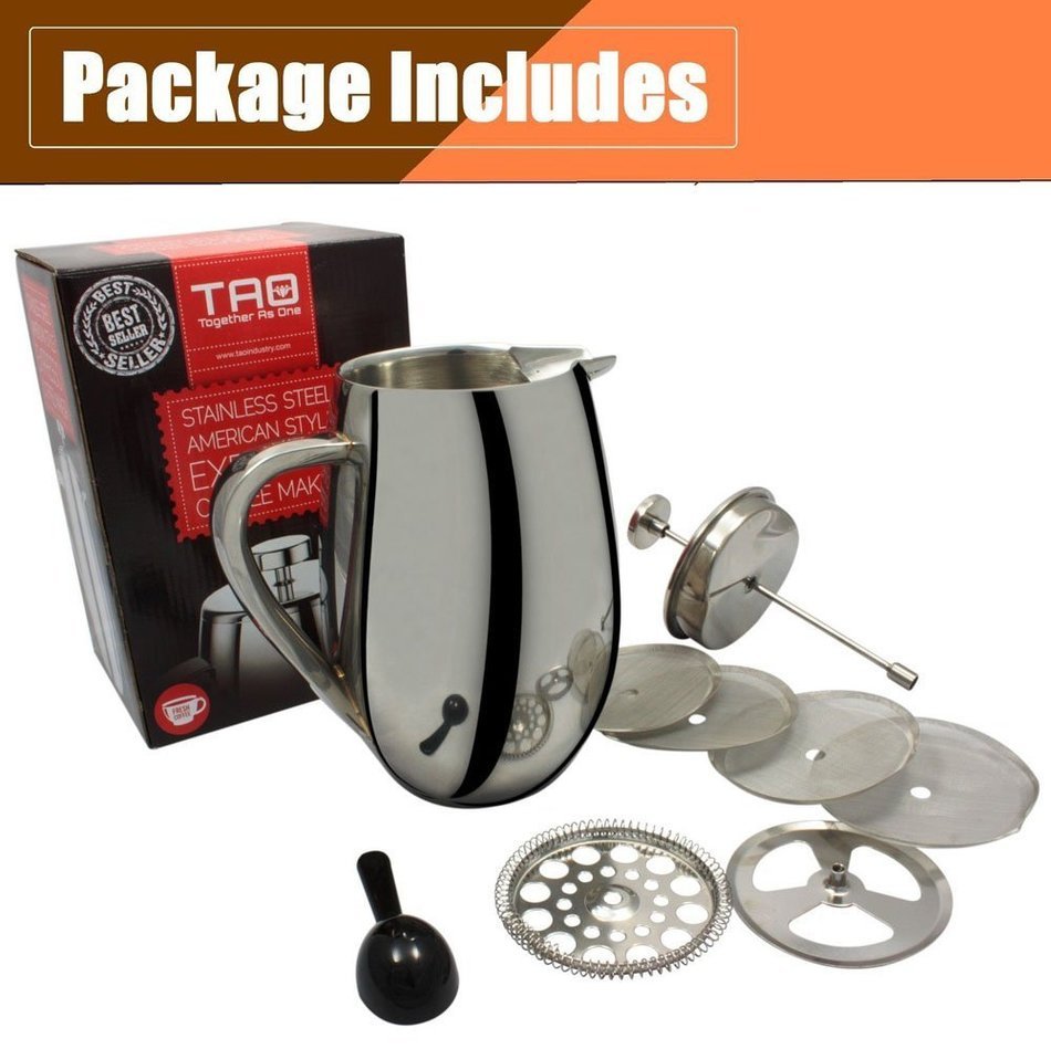 KISSEMOJI 34oz French Press Coffee Maker Stainless Steel Double Wall Brushed Cafetiere Cup N4