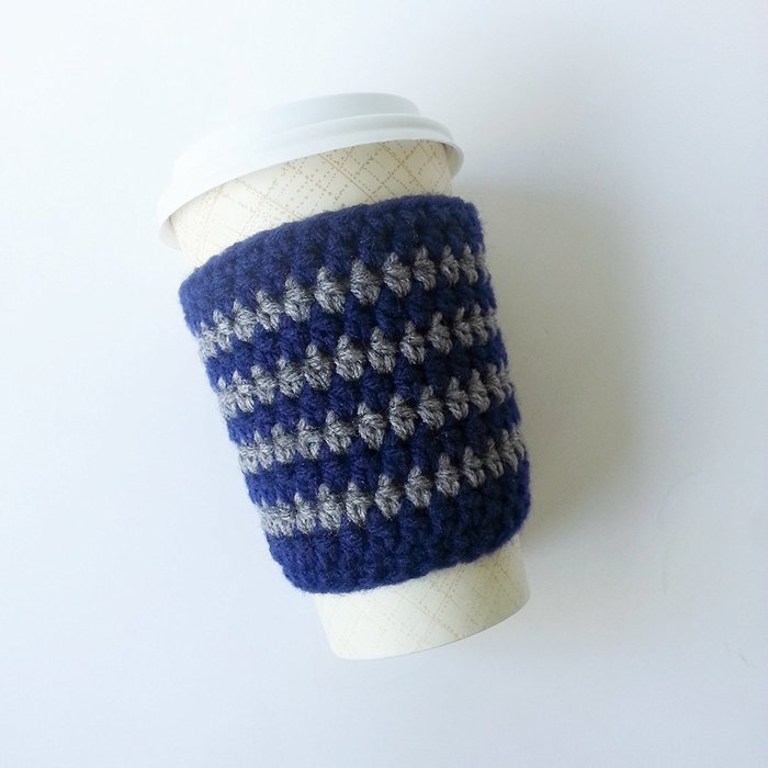 Cafe Latte Cozy, Crochet Coffee Sleeve, Striped Coffee Cup Sleeve, Navy and Grey Cup Cozy