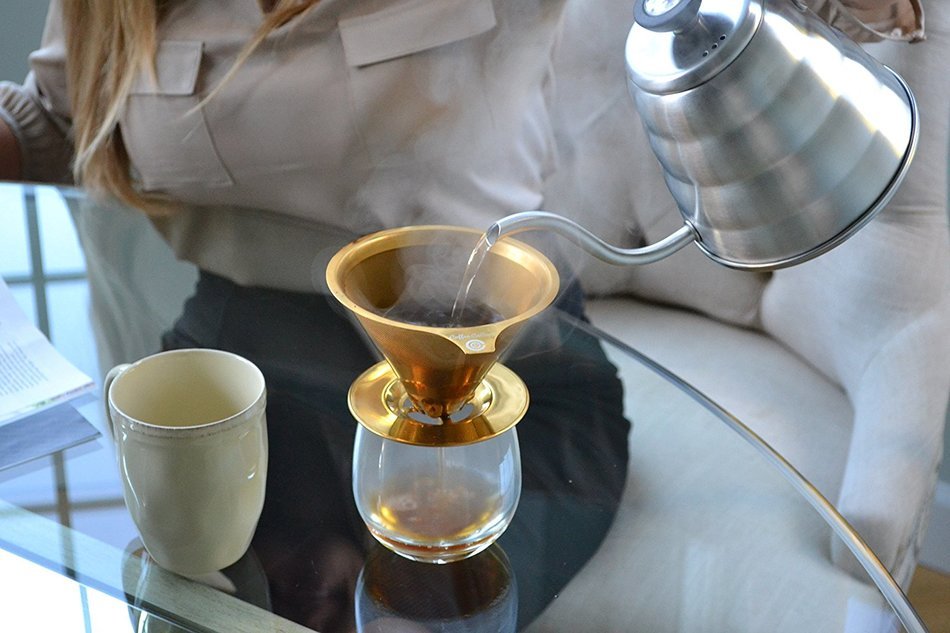 Titanium Coated Gold Pour Over Cone Dripper, Coffee Filter with Cup Stand, Reusable Stainless Steel Coffee Filter N2
