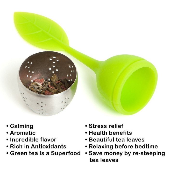 Cinlla&reg; Set of 1 Tea Infuser Leaf Strainer Handle with Steel Ball Silicone Leaf Lid (Green) (1) N5