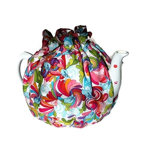 Teapot Cozy, tea warmer with Blue birds and Orange, Red, Blue paisley on white for a 5-8 cup teapot #320 N4