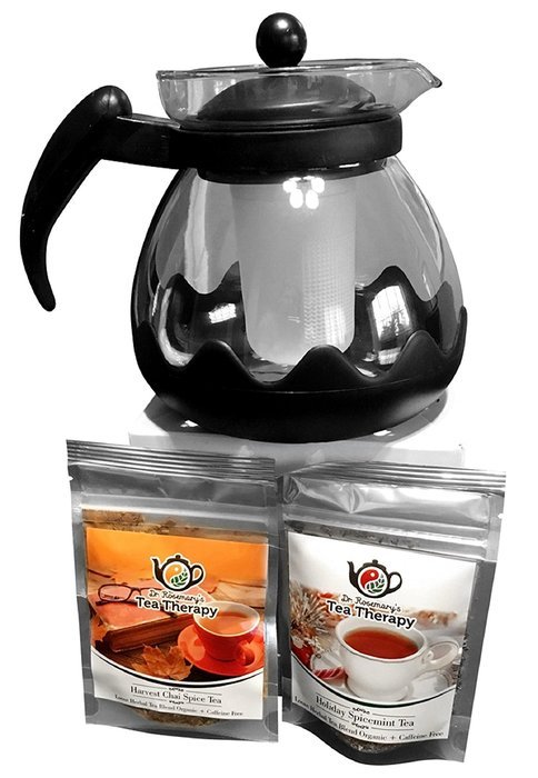 Large Glass/Plastic (42 oz.) Tea Pot with Infuser and 2 Great Flavored Organic Herbal Teas - Harvest Chai Spice... N2