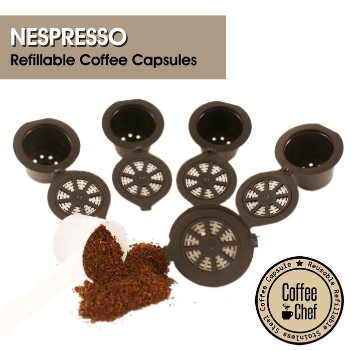 Coffee Chef (TM) 5 Pcs Refillable Reusable Nespresso Coffee Capsules Pods with Bonus Spoon - BPA Free - OriginalLine... N3